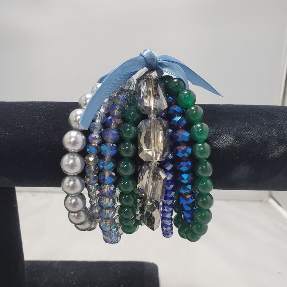 Ali khan 8pc multi blue green  color stone stretch bracelet - Picture 1 of 3